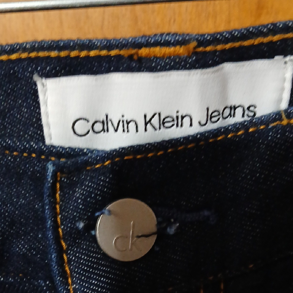 Calvin Klein Navy Denim Shorts with Yellow Stitching - Picture 3 of 11
